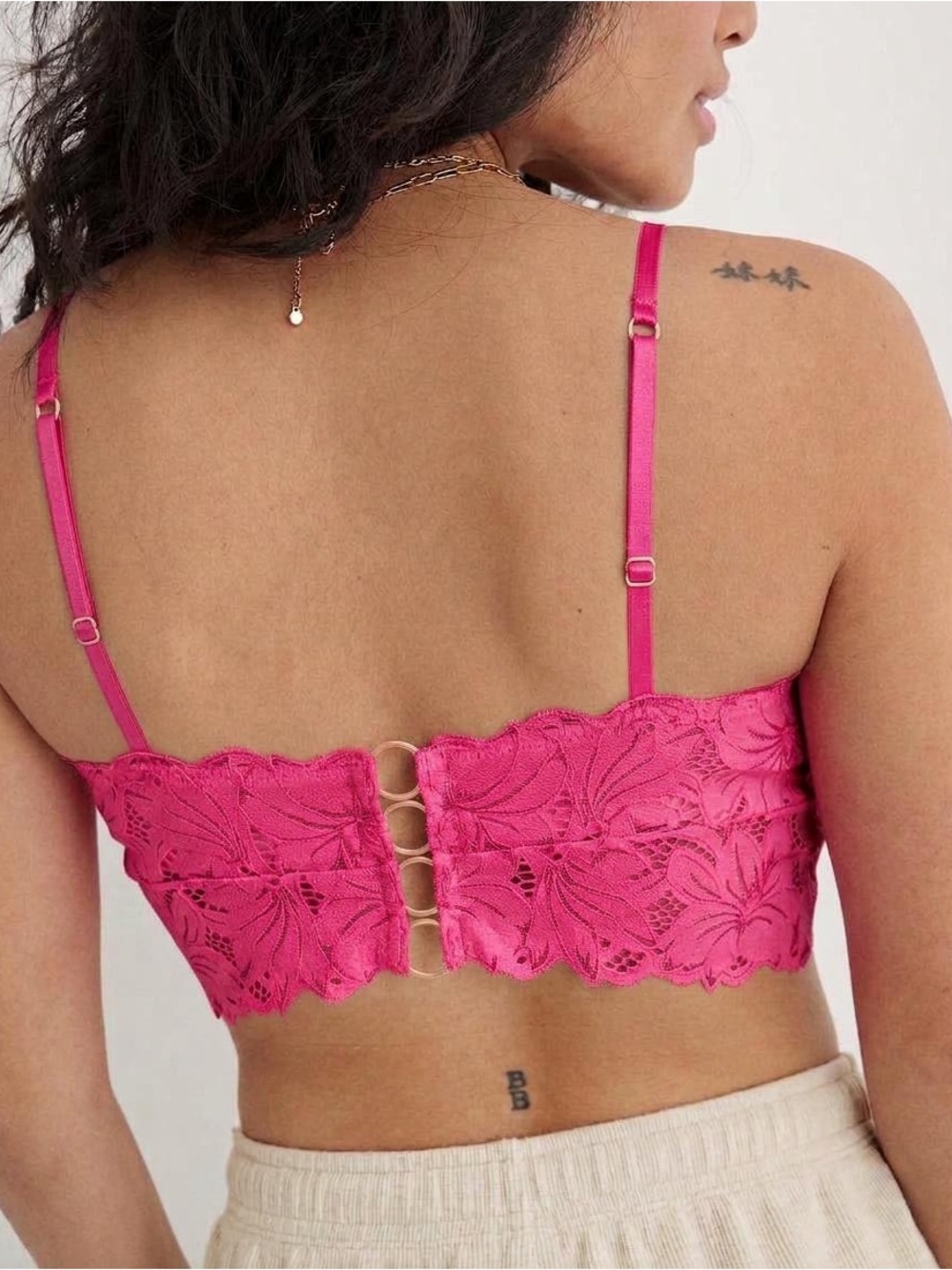 Aerie Beach Daze Ribbed Lace Bralette Crop Top Hot Pink Gold Ring Hardware XS